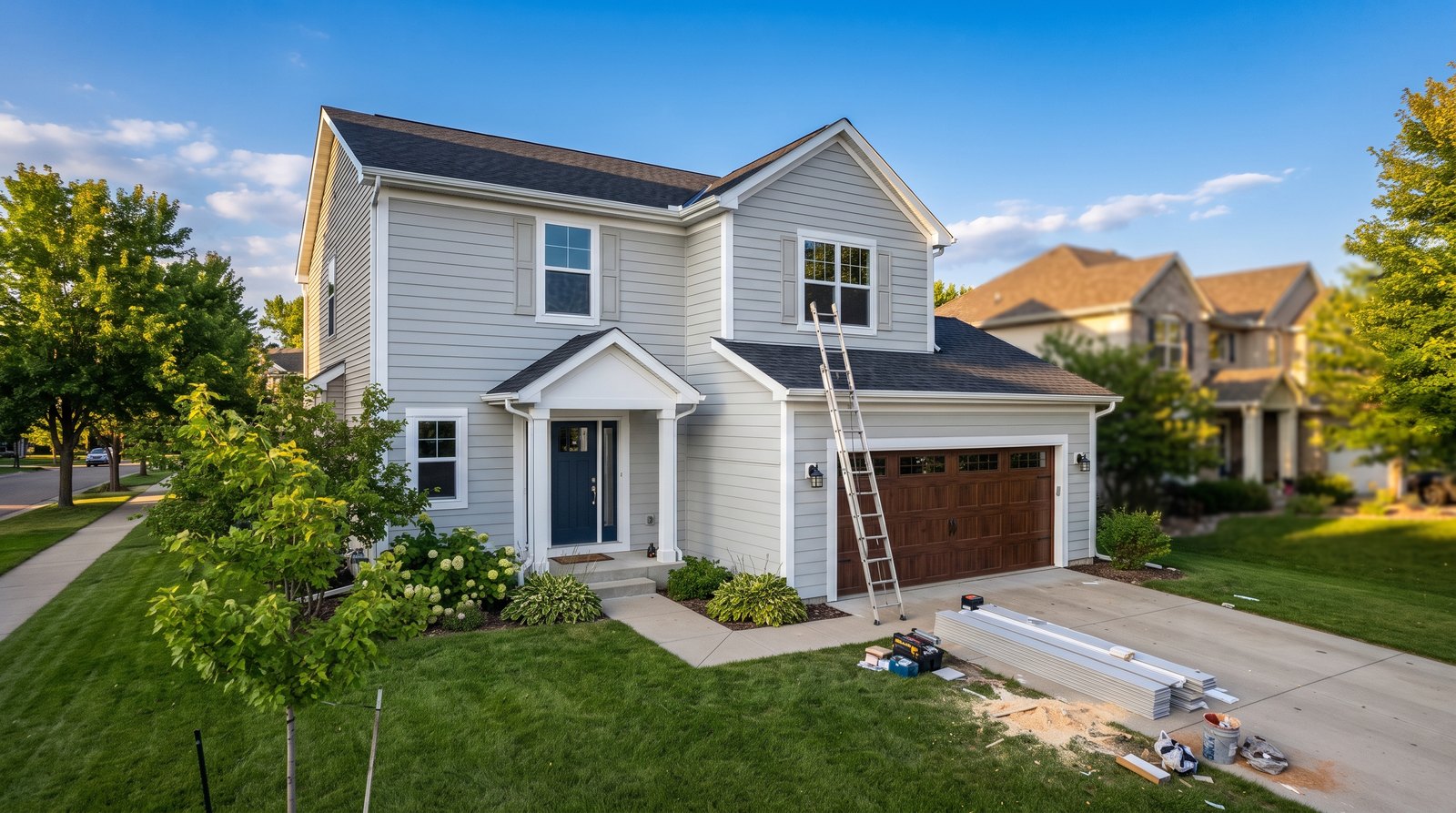 Front exterior remodel in progress on a suburban Lakeville MN home, new siding and windows going in on the street-facing side first.