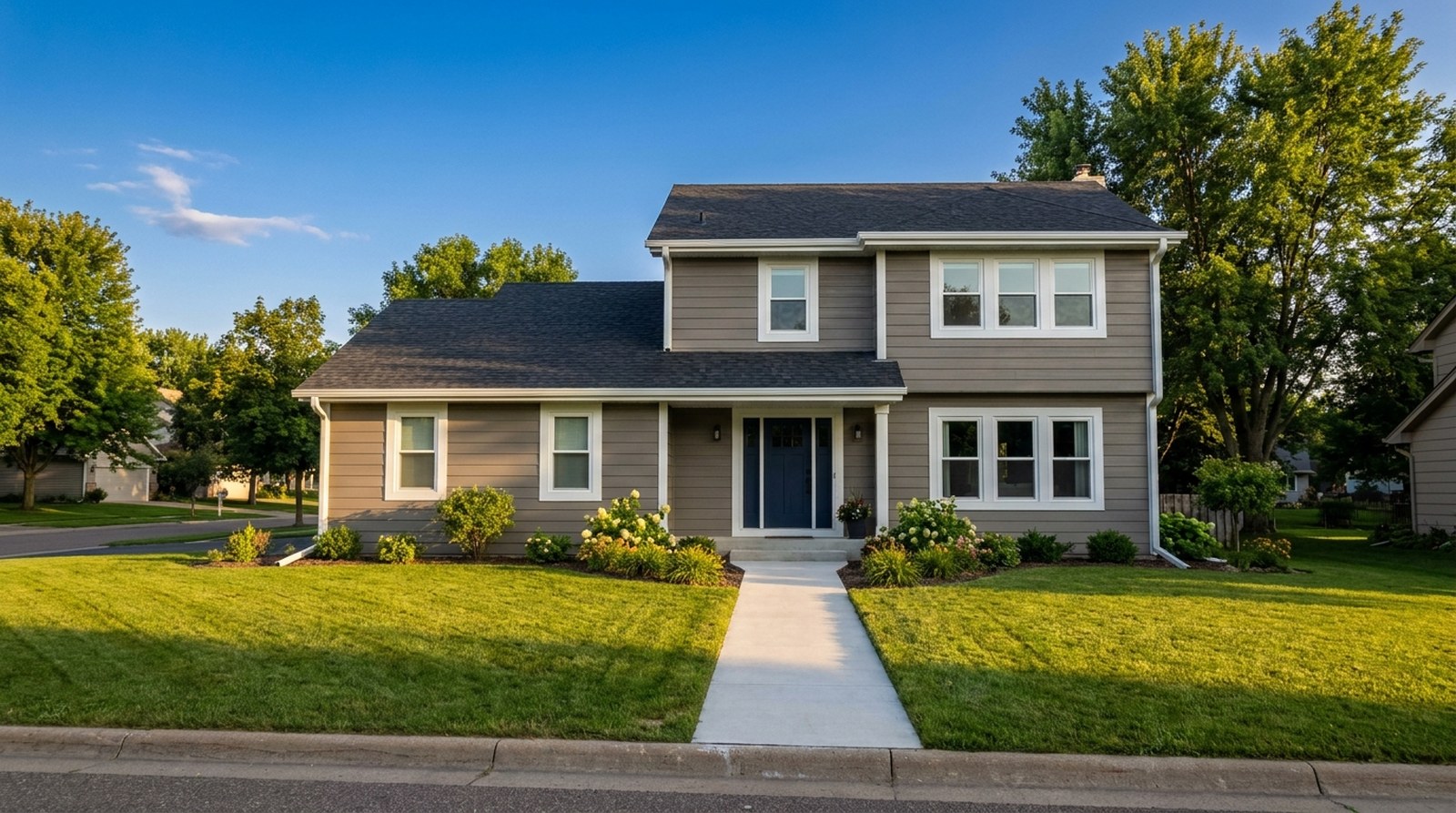 Finished two-story Lakeville MN home with new gray siding, white windows and a navy front door, the kind of result you can expect from a Lakeville exterior contractor who plans the whole exterior together.