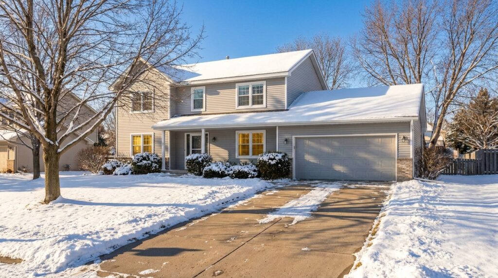 Two-story Lakeville MN home on a sunny winter morning with snow on the lawn and new white windows, a good example of winter window replacement in Minnesota.