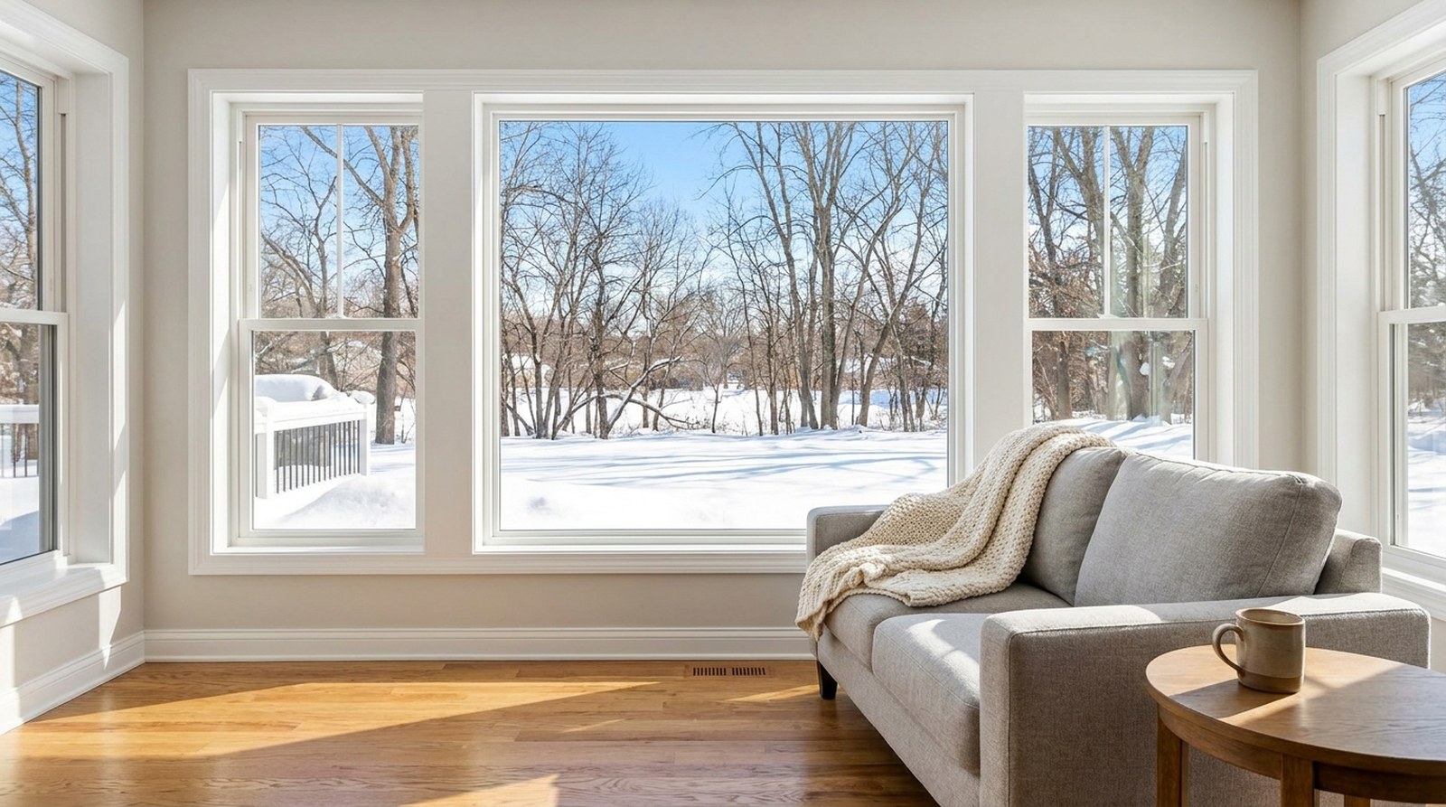 Bright living room with large new windows overlooking a snowy Minnesota backyard, showing how winter window replacement keeps a home comfortable.