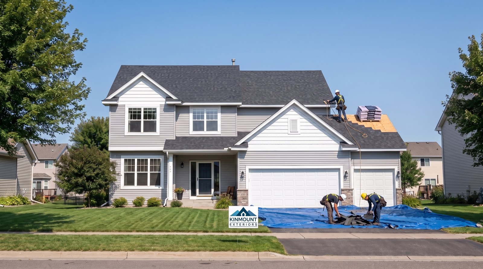 Roofer in a harness finishing the last section of a new roof on a Lakeville MN home while the ground crew cleans up on tarps, a Kinmount Exteriors yard sign out front, the kind of job a Lakeville exterior contractor should walk you through.