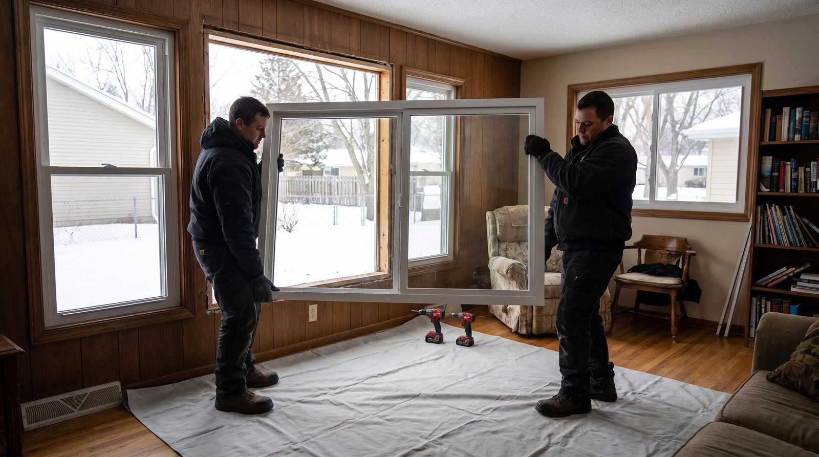 Two installers setting a new replacement window into one opening during a winter window replacement in a Lakeville MN home, drop cloth under their feet and two cordless drills ready on the floor.