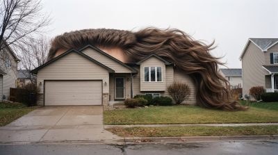 A photorealistic Lakeville, MN home with a giant Minnesota Mullet hairstyle on the roof, short in front and long in back, illustrating the front exterior remodel trend.