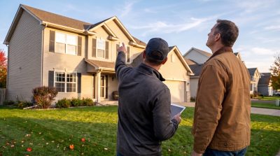 A Kinmount contractor in a gray cap and charcoal pullover points out the roofline to a taller homeowner during a walkthrough with a Lakeville exterior contractor.
